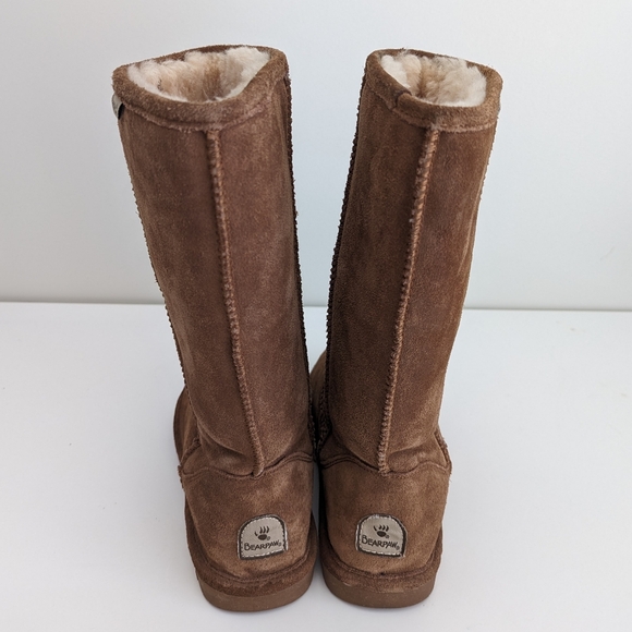 BEARPAW Emma Brown Suede Tall Boots Slip On Sheepskin Women Sz 8 Flat Heel MINT - Picture 12 of 15